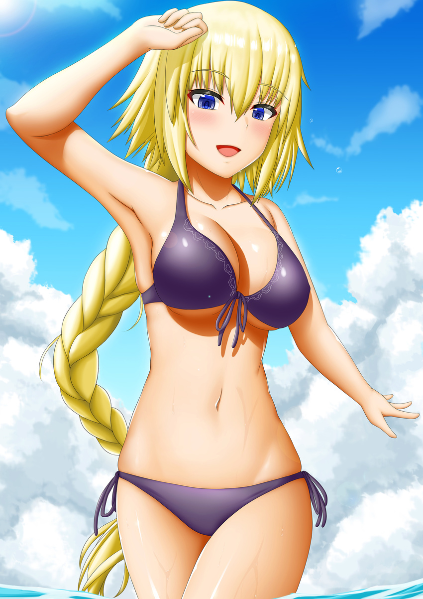 :d absurdres abukobato alternate_costume armpits bangs bikini blonde_hair blue_eyes blush braid breasts cleavage cloud cloudy_sky collarbone commentary_request cowboy_shot day fate/apocrypha fate_(series) highres jeanne_d'arc_(fate) jeanne_d'arc_(fate)_(all) large_breasts long_hair looking_at_viewer navel open_mouth purple_bikini side-tie_bikini single_braid sky smile solo stomach swimsuit underboob very_long_hair wading