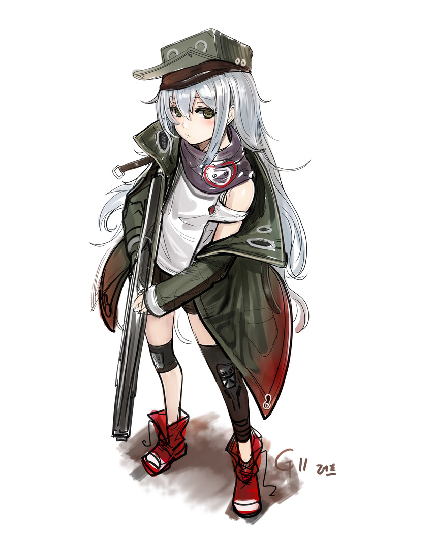 absurdres artist_name bangs black_scarf blush brown_eyes character_name closed_mouth coat commentary_request eyebrows_visible_through_hair flat_cap g11_(girls_frontline) girls_frontline grey_hair gun hair_between_eyes hat highres holding holding_gun holding_weapon knee_pads long_hair looking_at_viewer mhg_(hellma) open_clothes open_coat scarf shoes signature silver_hair simple_background sketch sneakers solo weapon white_background