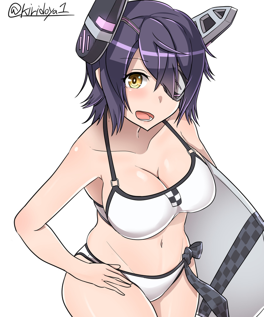 absurdres bikini breasts checkered checkered_neckwear cleavage eyepatch hand_on_hip headgear highres kantai_collection kickboard kiritto large_breasts looking_at_viewer necktie purple_hair short_hair simple_background solo swimsuit tenryuu_(kantai_collection) twitter_username white_background white_bikini yellow_eyes