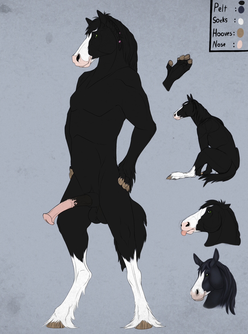 2017 5_fingers anatomically_correct anatomically_correct_penis animal_genitalia animal_penis anthro balls biped black_balls black_hair black_penis black_tail braided_hair brown_hooves color_swatch diesel_(onefinecaprine) digital_media_(artwork) draft_horse equine equine_penis feathering front_view fur green_eyes green_hair grey_background hair half-erect hands_on_hips hi_res hooved_fingers hooves horse male mammal maskedhusky model_sheet multicolored_penis nude penis pink_penis pink_tongue shire simple_background snout solo standing tongue tongue_out two_tone_penis