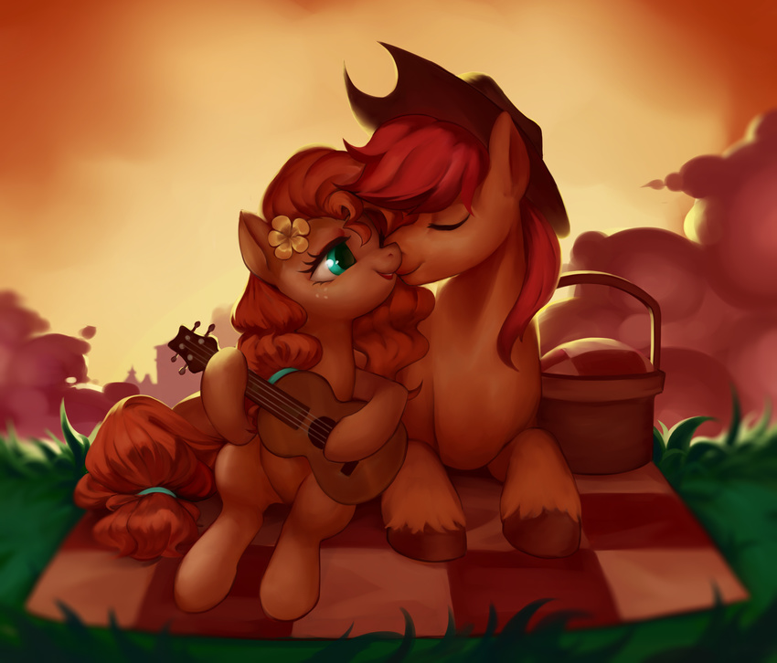 2017 assasinmonkey bright_mac_(mlp) cloud duo earth_pony equine female feral friendship_is_magic grass guitar hair hat horse hug luciferamon mammal musical_instrument my_little_pony outside pear_butter_(mlp) pony sky smile