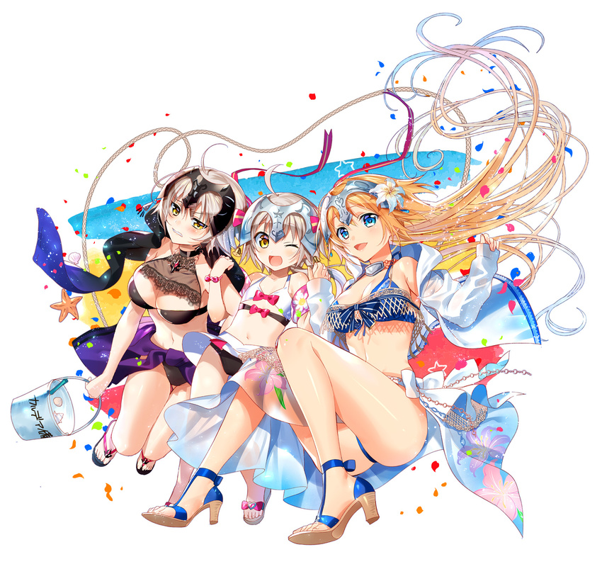 ;d bangs between_legs bikini bikini_skirt black_bikini black_scarf blonde_hair blue_bikini blue_eyes blush bucket clenched_teeth commentary_request fate/grand_order fate_(series) floating_hair flower grey_hair hair_between_eyes hair_flower hair_ornament halter_top halterneck hands_up headpiece high_heels highres holding holding_bucket hood hoodie jeanne_d'arc_(alter)_(fate) jeanne_d'arc_(fate) jeanne_d'arc_(fate)_(all) jeanne_d'arc_alter_santa_lily multiple_girls murakami_yuichi navel one_eye_closed open_clothes open_hoodie open_mouth sandals scarf short_hair skirt sleeves_past_wrists smile starfish swimsuit teeth thighs white_bikini white_flower white_skirt yellow_eyes