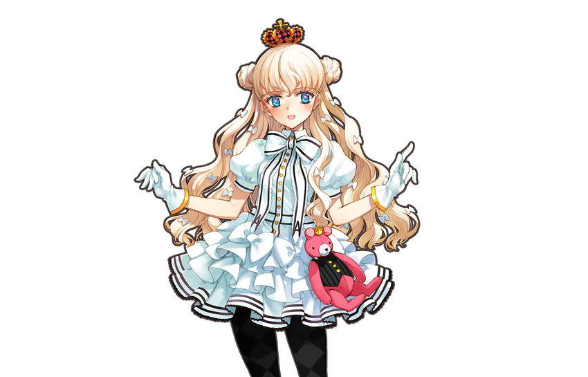 black_legwear blonde_hair blue_eyes blush breasts cowboy_shot crown double_bun dress eiyuu_senki gloves hair_ornament heart heart-shaped_pupils king_arthur_(eiyuu_senki) long_hair looking_at_viewer ooyari_ashito open_mouth pantyhose puffy_short_sleeves puffy_sleeves short_sleeves small_breasts solo stuffed_animal stuffed_toy symbol-shaped_pupils transparent_background white_gloves