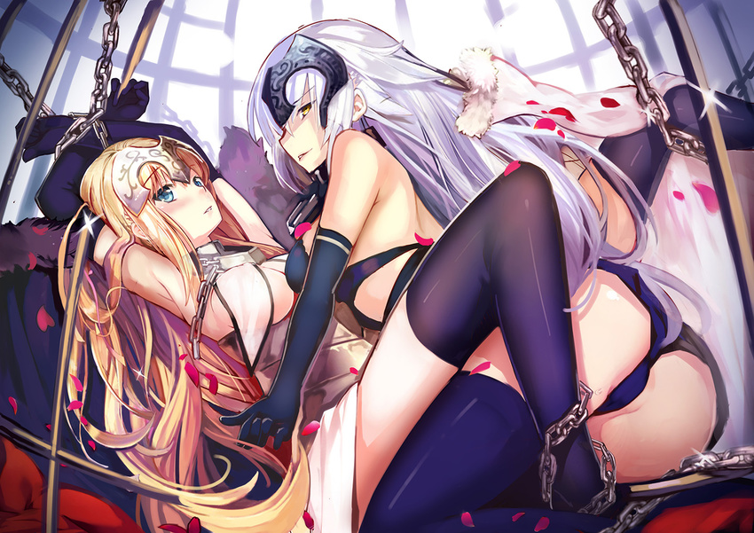 ass black_legwear blonde_hair blue_eyes blush breasts cleavage eyebrows_visible_through_hair fate/grand_order fate_(series) jeanne_d'arc_(alter)_(fate) jeanne_d'arc_(fate) jeanne_d'arc_(fate)_(all) large_breasts long_hair looking_at_viewer multiple_girls parted_lips spirtie thighhighs white_hair yellow_eyes