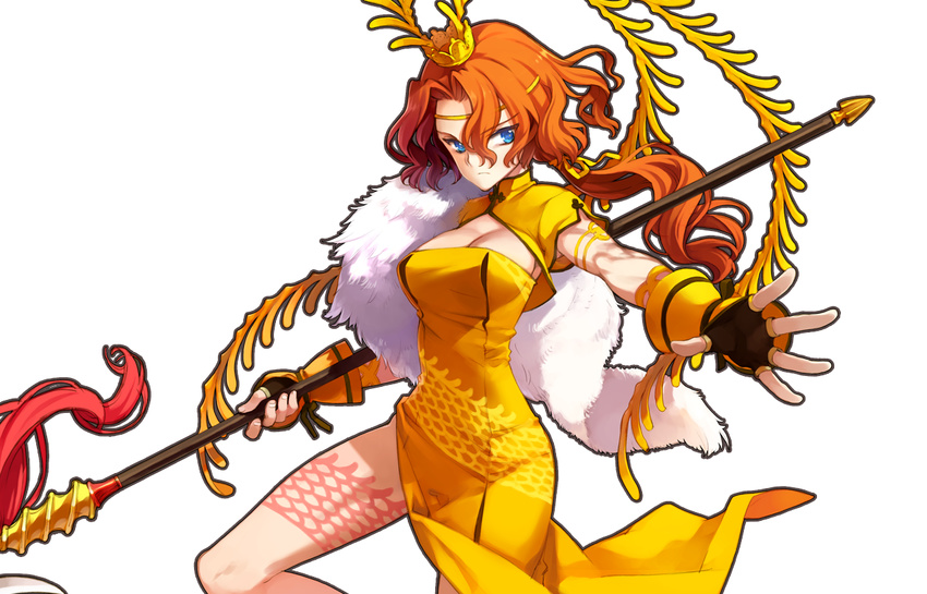 blue_eyes breasts cleavage cleavage_cutout cowboy_shot crown dress eiyuu_senki fingerless_gloves gloves holding holding_spear holding_weapon large_breasts legs looking_at_viewer lu_bu_(eiyuu_senki) ooyari_ashito orange_hair polearm short_hair solo spear transparent_background weapon