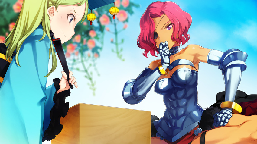 abs armor bare_shoulders blue_sky blurry blush board_game bracelet breasts cleavage closed_fan closed_mouth cloud cloudy_sky collarbone covered_mouth covering_mouth day depth_of_field eiyuu_senki eiyuu_senki_gold elbow_gloves eyepatch fan flower folding_fan fur game_cg gauntlets gloves go green_hair hand_on_thigh hand_to_own_mouth hannibal_(eiyuu_senki) hat holding holding_fan jewelry long_hair long_sleeves medium_breasts multiple_girls muscle muscular_female ooyari_ashito pink_hair playing_games profile purple_eyes short_hair sitting sky sun_tzu_(eiyuu_senki) sweatdrop trumpet_creeper white_gloves wide_sleeves