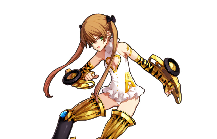 achilles_(eiyuu_senki) bare_shoulders breasts brown_hair cleavage cleavage_cutout cowboy_shot eiyuu_senki green_eyes hair_ribbon jewelry long_hair looking_at_viewer ooyari_ashito open_mouth ribbon ring small_breasts solo transparent_background twintails