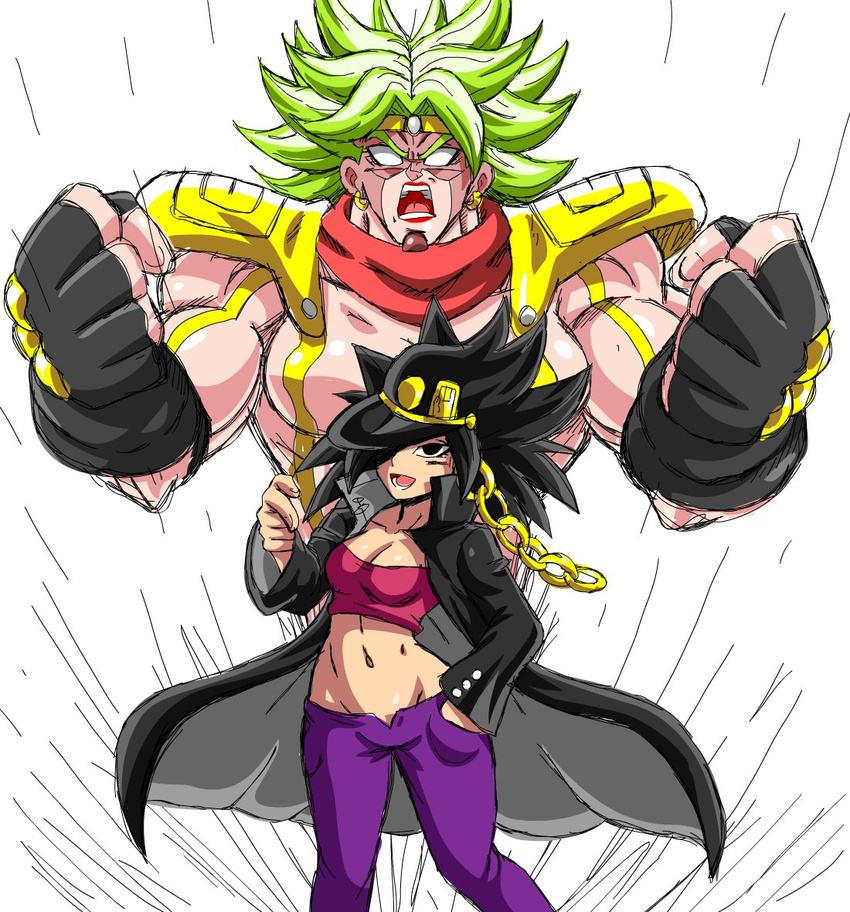 artist_request black_hair breasts caulifla chain cleavage clenched_hands coat cosplay dragon_ball dragon_ball_super earrings fingerless_gloves gakuran gloves hand_in_pocket hat_over_one_eye hoop_earrings jewelry jojo_no_kimyou_na_bouken jojo_pose kale_(dragon_ball) kuujou_joutarou kuujou_joutarou_(cosplay) large_breasts long_coat long_hair multiple_girls muscle muscular_female navel no_pupils open_clothes open_coat pants parody pauldrons pose red_scarf scarf school_uniform stand_(jojo) star_platinum stardust_crusaders stomach strapless super_saiyan super_saiyan_berserk tubetop