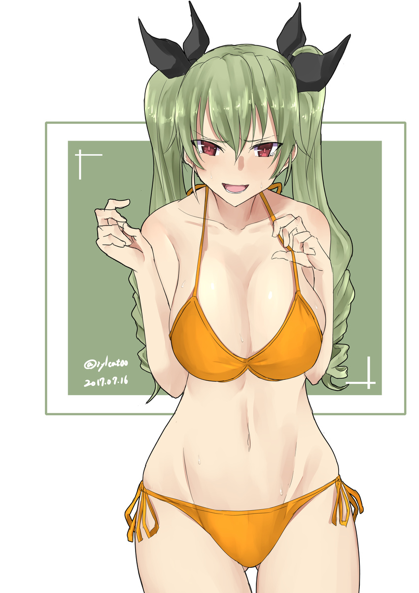 absurdres anchovy ass_visible_through_thighs bangs bikini black_ribbon breasts commentary_request cowboy_shot dated drill_hair girls_und_panzer green_hair hair_ribbon highres irukatto long_hair looking_at_viewer medium_breasts open_mouth orange_bikini outside_border red_eyes ribbon side-tie_bikini solo standing swimsuit tearing_up twin_drills twintails twitter_username