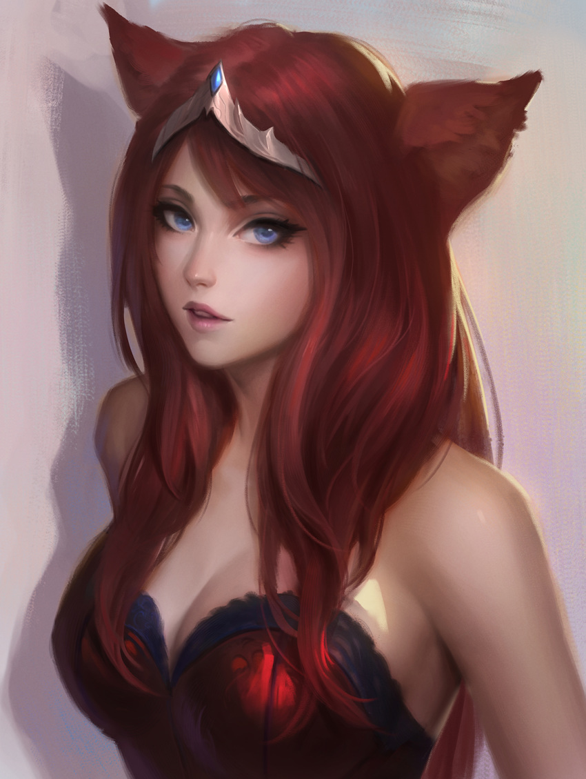 1girl animal_ears bare_shoulders blue_eyes bustier cat_ears circlet commission final_fantasy final_fantasy_xiv highres lips long_hair looking_at_viewer miqo'te nguyen_uy_vu parted_lips purple_background red_hair simple_background solo strapless upper_body