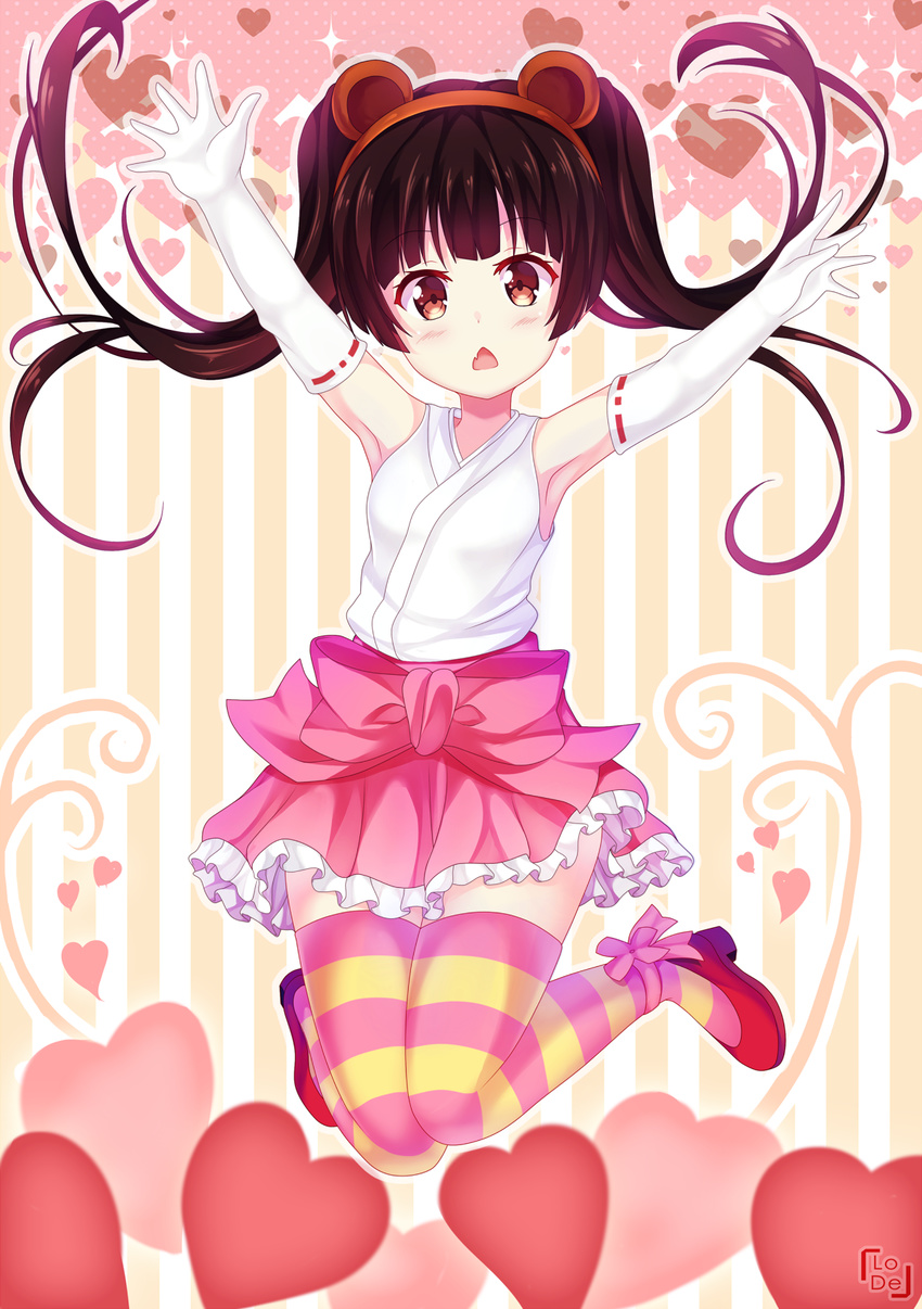 :o amayadori_machi animal_ears armpits bangs bare_arms bare_shoulders bear_ears blunt_bangs blush breasts brown_eyes brown_hair chrisandita elbow_gloves eyebrows_visible_through_hair fake_animal_ears fang frilled_skirt frills full_body gloves hair_between_eyes hair_ornament hair_ribbon hairband heart heart_background highres japanese_clothes jumping kumamiko long_hair looking_at_viewer medium_breasts midriff miko miniskirt nontraditional_miko open_mouth outfit_2_(kumamiko) outstretched_arms pink_background pink_legwear pink_ribbon pink_skirt red_footwear ribbon ribbon-trimmed_clothes ribbon-trimmed_gloves ribbon_trim shirt shoes simple_background skirt sleeveless sleeveless_shirt solo striped striped_background striped_legwear thighhighs twintails white_gloves white_shirt yellow_legwear zettai_ryouiki
