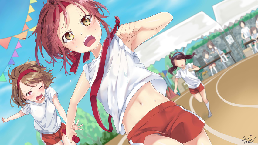 absurdres bad_id bad_pixiv_id bangs blush brown_hair commentary_request d: d; day gym_shorts hairband highres holding kneehighs multiple_girls navel no_eyes one_eye_closed open_mouth original outdoors pennant pink_eyes pomu red_hair red_shorts relay_baton relay_race running shirt shoes short_hair short_sleeves shorts sleeves_rolled_up sneakers solo_focus sports_festival sweat t-shirt teeth twintails v-shaped_eyebrows white_legwear white_shirt yellow_eyes