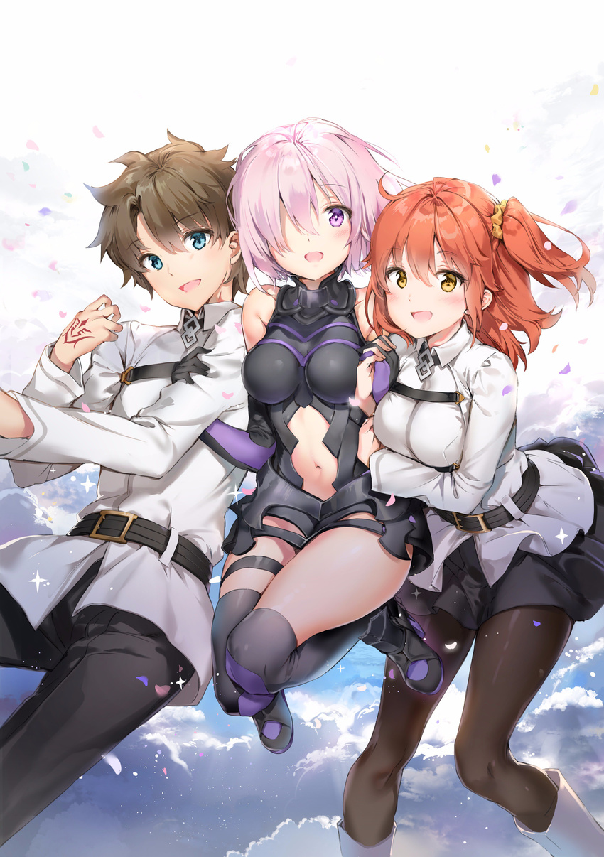 2girls :d absurdres ahoge anmi armor armored_dress bare_shoulders belt black_dress black_hair black_legwear black_skirt blue_eyes blush boots breasts commentary_request dress elbow_gloves eyebrows_visible_through_hair fate/grand_order fate_(series) fujimaru_ritsuka_(female) fujimaru_ritsuka_(male) gloves hair_ornament hair_over_one_eye hair_scrunchie hand_tattoo highres holding_hands knee_boots lavender_hair locked_arms long_sleeves looking_at_viewer mash_kyrielight medium_breasts multiple_girls navel navel_cutout open_mouth orange_hair orange_scrunchie pants pantyhose popped_collar purple_eyes purple_gloves sandwiched scrunchie shirt short_hair side_ponytail skirt smile thighhighs white_footwear white_shirt yellow_eyes