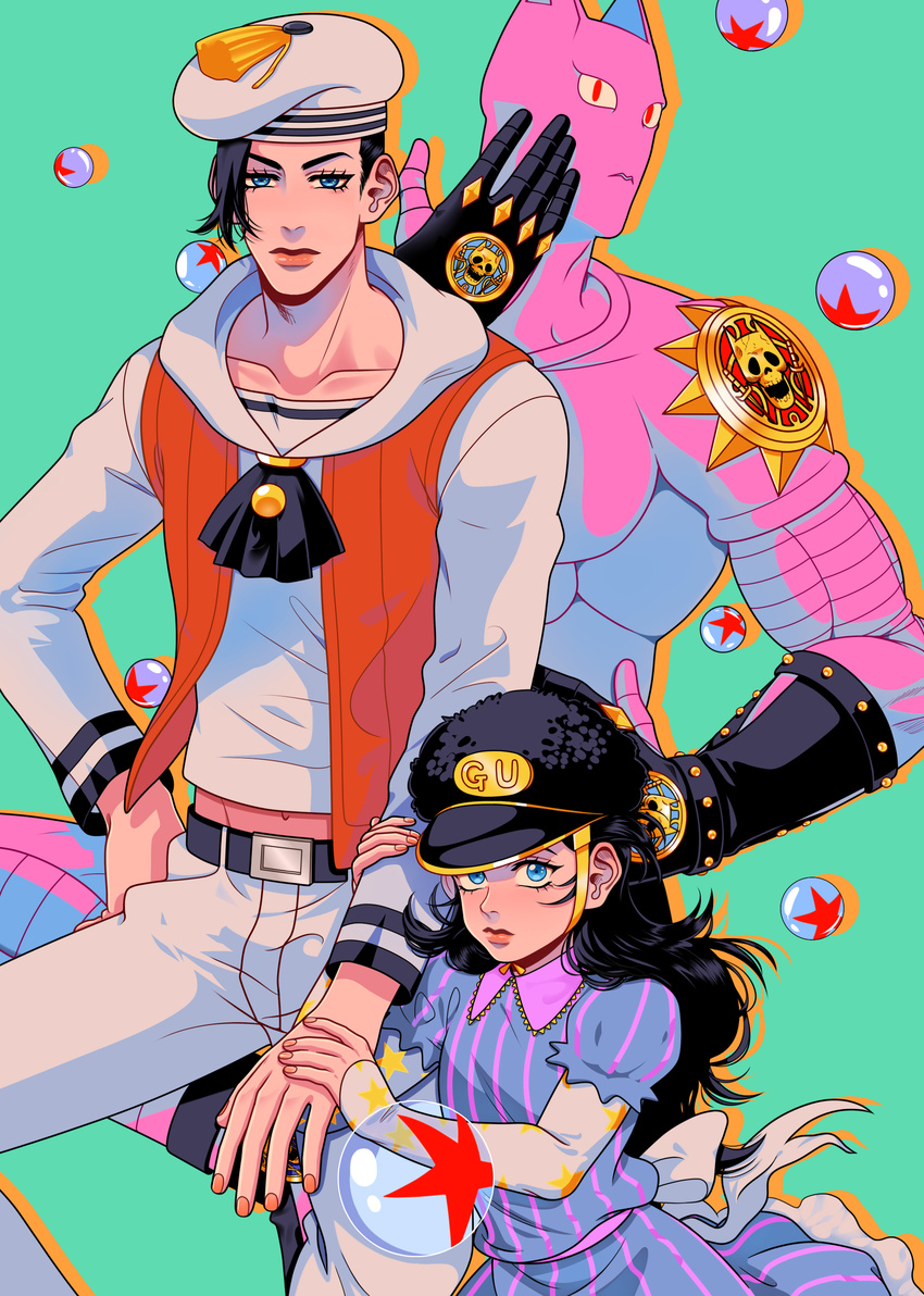 1girl absurdres arm_holding black_hair blue_dress blue_eyes brother_and_sister bubble child collarbone dress groin hand_on_another's_arm hand_on_hip hat highres jojo_no_kimyou_na_bouken jojolion killer_queen kira_yoshikage_(jojolion) long_hair md5_mismatch navel nijimura_kyou sailor sailor_hat siblings stand_(jojo) star striped striped_dress tariah_furlow time_paradox vest wavy_hair younger