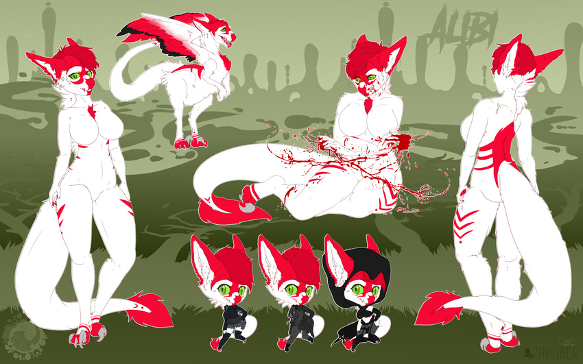 2017 anthro blood breasts chibi clothed clothing cute detailed_background dinosaur dragon female feral forest fur furred_dragon garooga goth green_eyes hemomancer hood loner magic model_sheet outfits raptor signature theropod tree white_fur zingiber