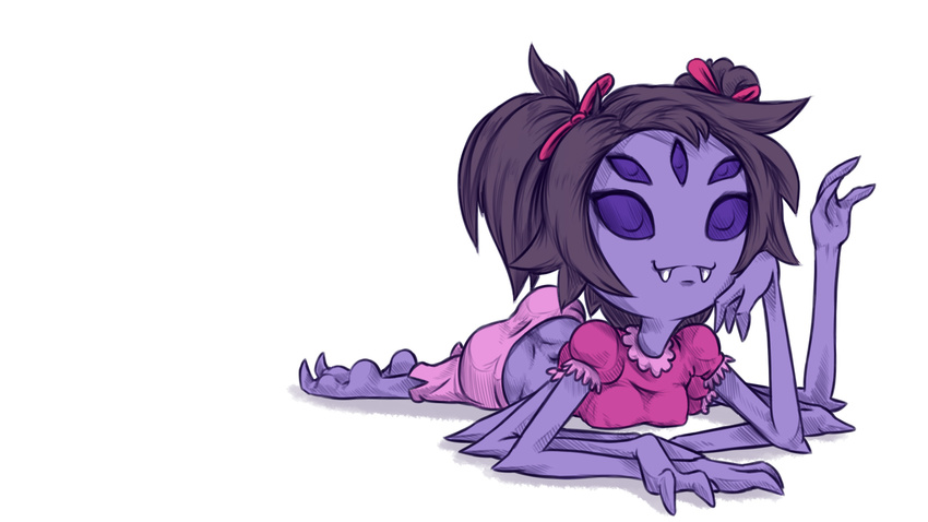 16:9 2015 arachnid arthropod black_hair butt clothing fangs female hair hi_res humanoid looking_at_viewer lying monster muffet multi_arm multi_eye multi_limb noseless on_front pigtails plagueofgripes purple_eyes purple_skin shirt simple_background smile solo spider undertale video_games waving white_background
