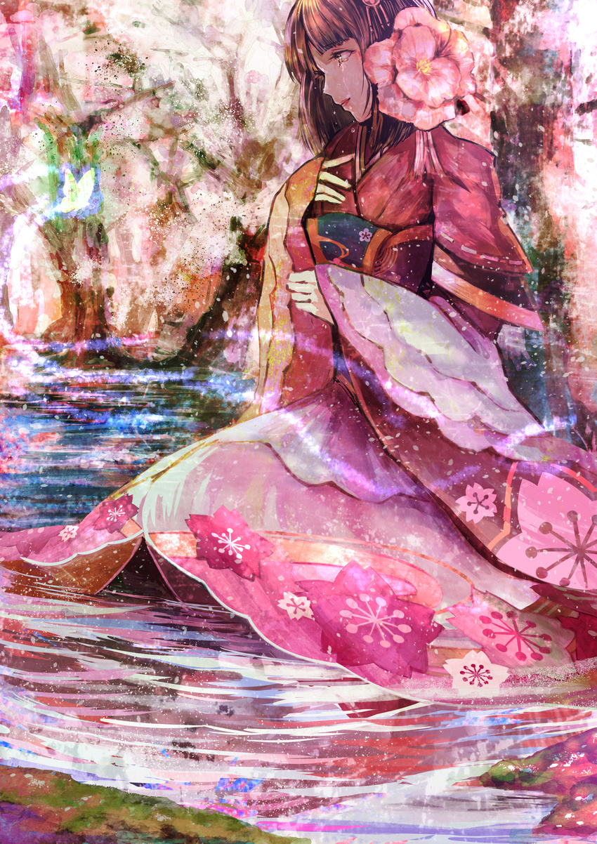 brown_hair flower hair_flower hair_ornament highres looking_to_the_side onmyoji profile sakura_(onmyoji) sitting solo tears water yasu8hasu