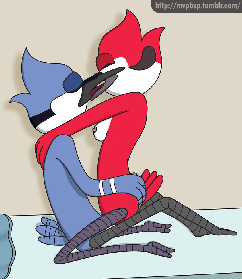 avian bed bird blue_feathers blue_jay breasts cartoon_network corvid feathers female kissing male male/female margaret mordecai_(regular_show) mvpbvp_(artist) nipples nude red_feathers regular_show