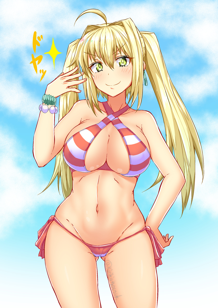 absurdres ass_visible_through_thighs bangs bikini blonde_hair bracelet breasts cleavage closed_mouth cowboy_shot criss-cross_halter earrings fate/grand_order fate_(series) green_eyes hair_between_eyes hair_intakes halterneck hand_on_hip highres jewelry kirino_kyousuke large_breasts long_hair looking_at_viewer navel nero_claudius_(fate)_(all) nero_claudius_(swimsuit_caster)_(fate) red_bikini side-tie_bikini sidelocks smile solo sparkle striped striped_bikini swimsuit thighs twintails twitter_username