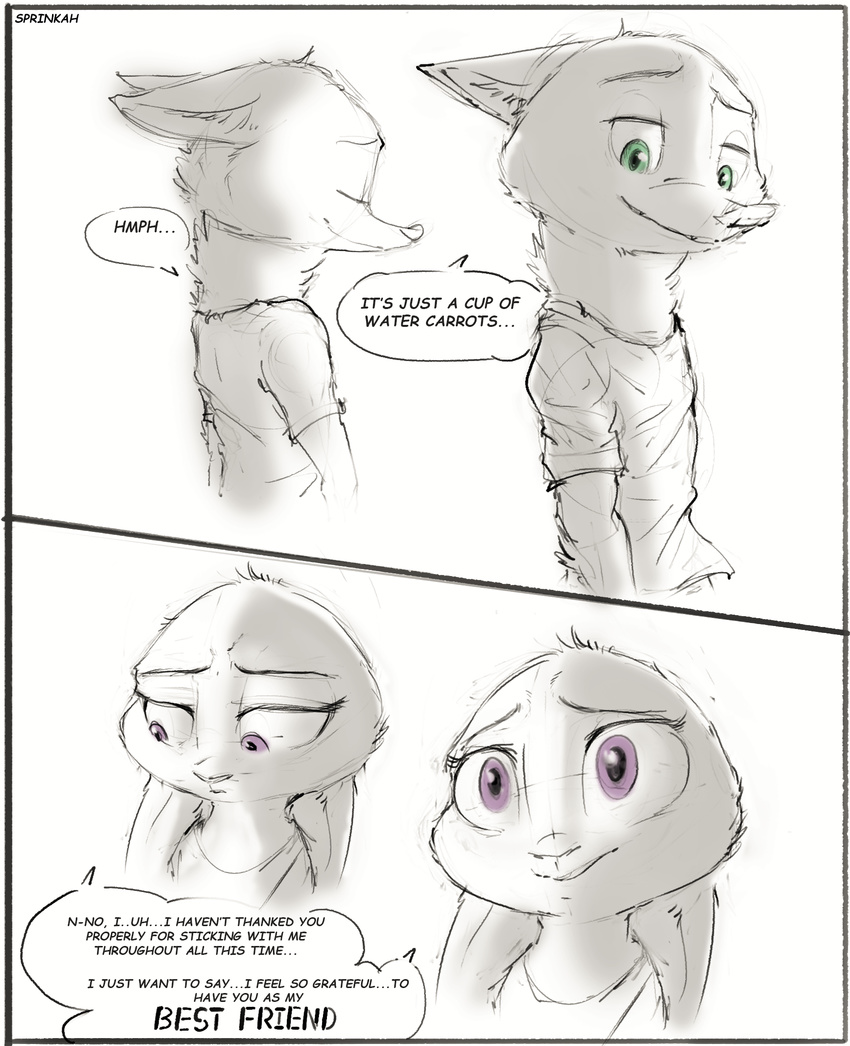 2017 anthro canine clothed clothing comic dialogue disney duo english_text female fox green_eyes judy_hopps lagomorph male mammal nick_wilde partially_colored purple_eyes rabbit simple_background sprinkah text white_background zootopia