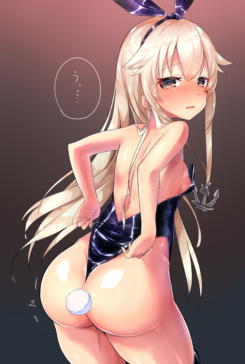 ass back backless_outfit bangs bare_shoulders black_legwear black_leotard blonde_hair blush bow breasts brown_eyes bunny_tail bunnysuit cowboy_shot drooling eyebrows_visible_through_hair from_behind gradient gradient_background hair_between_eyes hair_bow hair_flaps half-closed_eyes highres kantai_collection leotard long_hair looking_at_viewer looking_back nipples nose_blush parted_lips purple_bow sakurayume_kome shimakaze_(kantai_collection) shiny shiny_clothes sidelocks small_breasts solo speech_bubble sweatdrop tail thighhighs thighs trembling wedgie