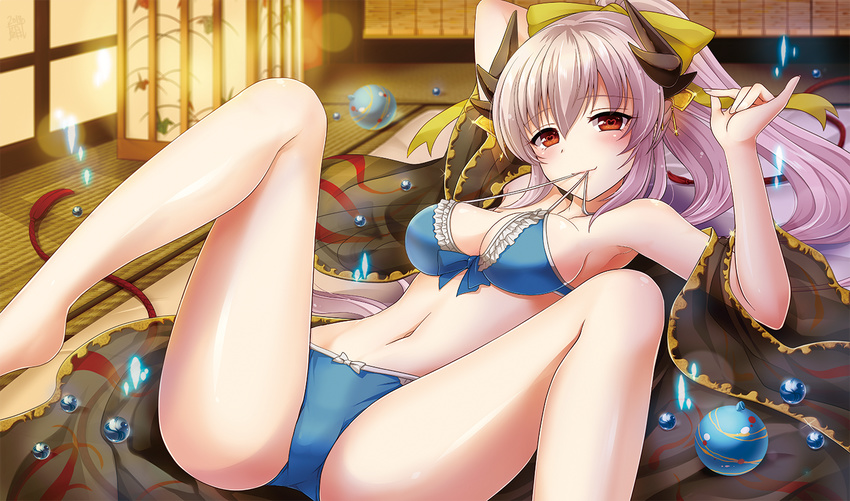 asahi_yanagi bikini bow breasts fate/grand_order fate_(series) hair_bow heart heart-shaped_pupils horns japanese_clothes kiyohime_(fate/grand_order) kiyohime_(swimsuit_lancer)_(fate) long_hair looking_at_viewer lying medium_breasts mouth_hold navel on_back red_eyes silver_hair smile solo spread_legs swimsuit symbol-shaped_pupils tatami