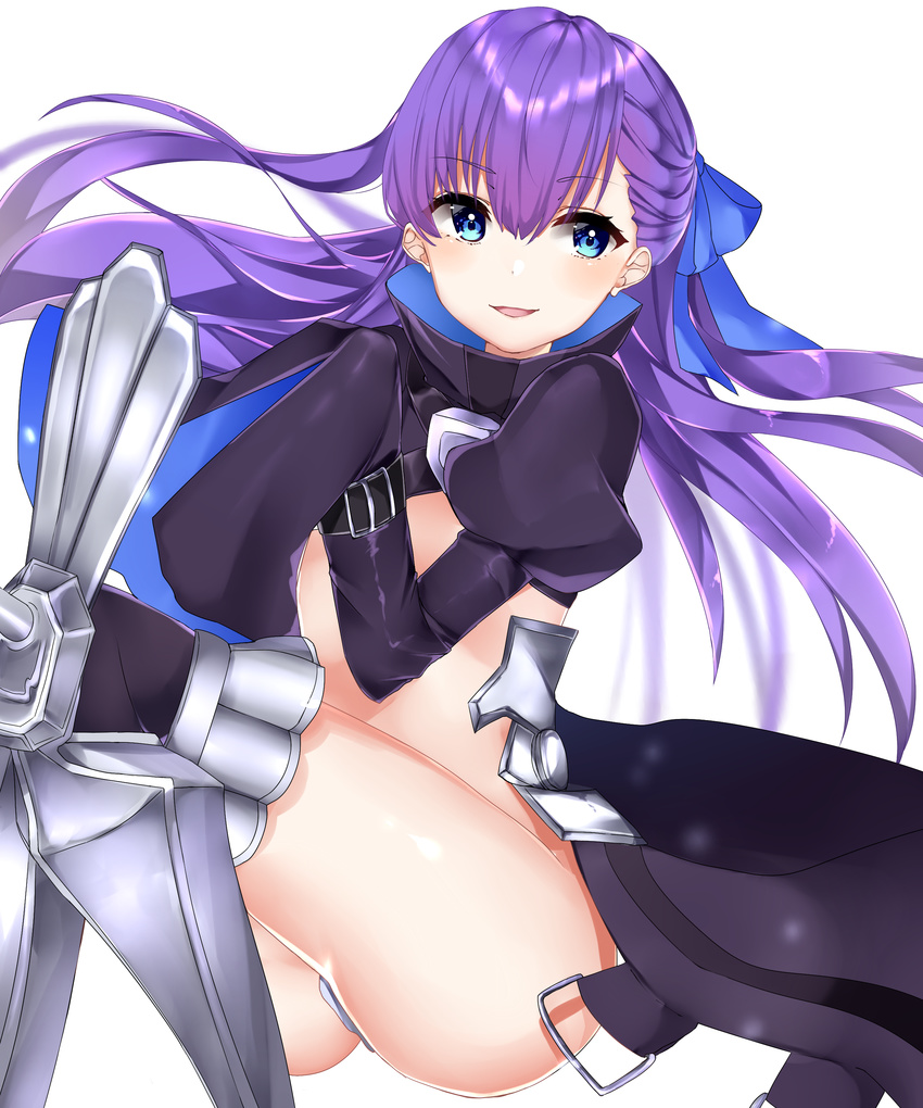 absurdres armor armored_boots ass bangs belt black_legwear blue_bow blue_eyes boots bow fate/extra fate/extra_ccc fate_(series) hair_bow hair_ribbon high_collar highres long_hair long_sleeves looking_at_viewer meltlilith parted_lips purple_hair revealing_clothes ribbon sleeves_past_wrists smile solo thigh_boots thighhighs thong very_long_hair very_long_sleeves yuzuki_shia