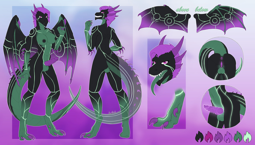 2017 anthro digitigrade dragon foxysoul_(artist) herm intersex knot long_tongue model_sheet open_mouth penis purple_penis red_eyes sharp_teeth solo teeth tongue tongue_out trynith_(character) wings