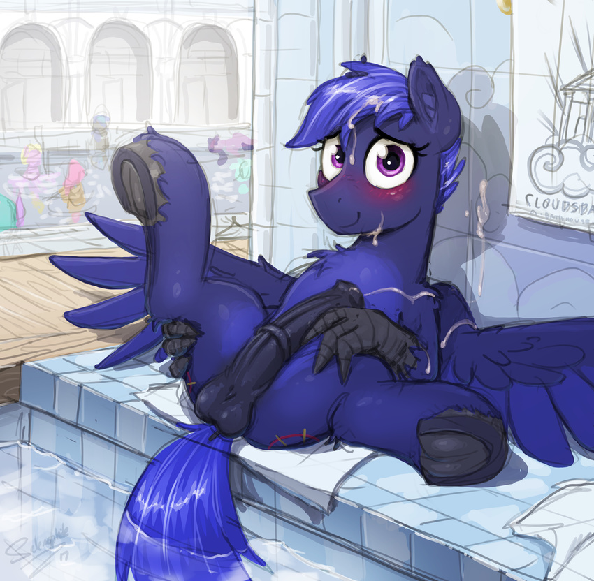 2017 absurd_res animal_genitalia animal_penis balls blue_feathers blue_hair blush cum cum_on_face cum_on_self cutie_mark equine_penis fan_character feathered_wings feathers hair hi_res hooves looking_at_viewer male my_little_pony penis selenophile smile spread_legs spreading underhoof water wings