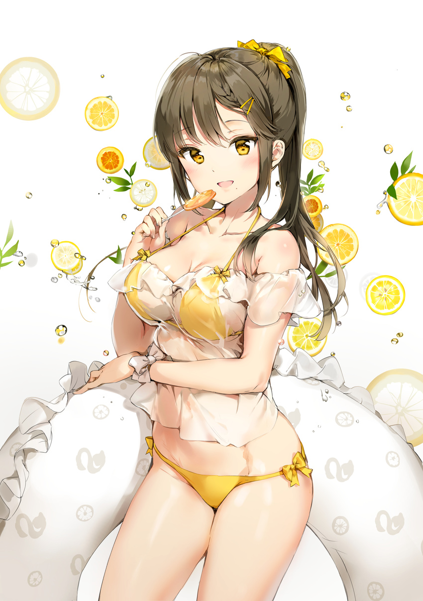 :d absurdres air_bubble anmi bare_shoulders bikini blush bow bow_bikini breasts brown_hair bubble collarbone contrapposto cowboy_shot crop_top dot_nose food food_print fruit hair_bow hair_ornament hairclip halter_top halterneck highres holding holding_innertube holding_lollipop innertube large_breasts lemon lemon_print lemon_slice long_hair looking_at_viewer midriff_peek mole mole_under_mouth off-shoulder_shirt open_mouth original ponytail print_innertube see-through shirt simple_background smile solo standing swimsuit white_background white_bow white_shirt wrist_bow wristband yellow yellow_bikini yellow_bow yellow_eyes