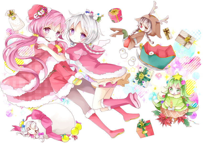 &gt;_&lt; :o :q :x animal_hood antlers arm_support bad_id bad_pixiv_id bag bangs beige_blouse bell belt belt_buckle black_legwear blouse blue_bow blunt_bangs blush boots bow box braid brown_eyes brown_footwear brown_shirt brown_skirt buckle burning candle candy candy_cane candy_cane_hair_ornament capelet christmas christmas_ornaments christmas_tree_hair_ornament commentary diagonal_stripes eyebrows_visible_through_hair fake_antlers food food_themed_hair_ornament fur-trimmed_boots fur-trimmed_capelet fur-trimmed_cloak fur_trim gift gift_bag gift_box green_eyes green_hair green_legwear green_shirt grey_hair hair_ornament hair_tie hand_on_another's_shoulder hat head_rest heart highres holly hood hood_down in_bag in_container jingle_bell knee_boots long_hair long_sleeves looking_at_viewer looking_to_the_side low_twintails mini_wings minigirl mittens multiple_girls open_mouth orange_legwear original pantyhose parted_lips pink_bow pink_eyes pink_footwear pink_hair pink_shorts plaid polka_dot purple_eyes red_bow red_cloak red_footwear red_nose red_shorts reindeer_antlers reindeer_hood sack santa_boots santa_costume santa_hat shirt short_sleeves shorts silver_hair skirt sleigh snowman snowman_hair_ornament sparkle standing star star_hair_ornament striped tongue tongue_out tsukiyo_(skymint) twin_braids twintails unmoving_pattern very_long_hair