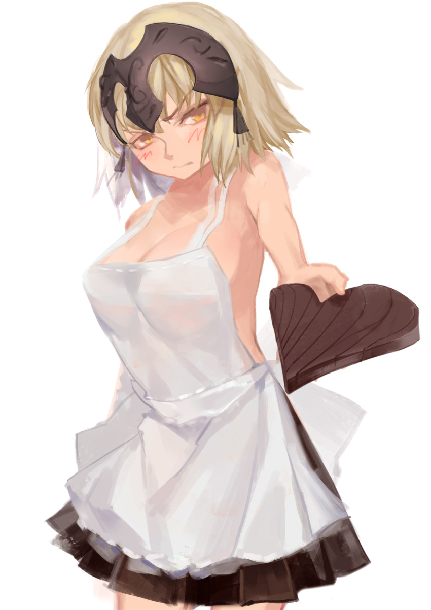 1girl apron bare_shoulders blush breasts cleavage fate/grand_order fate_(series) hair_between_eyes headpiece highres jeanne_d'arc_(fate) jeanne_d'arc_(fate)_(all) large_breasts mao_mao_wansui naked_apron sketch solo valentine white_background yellow_eyes