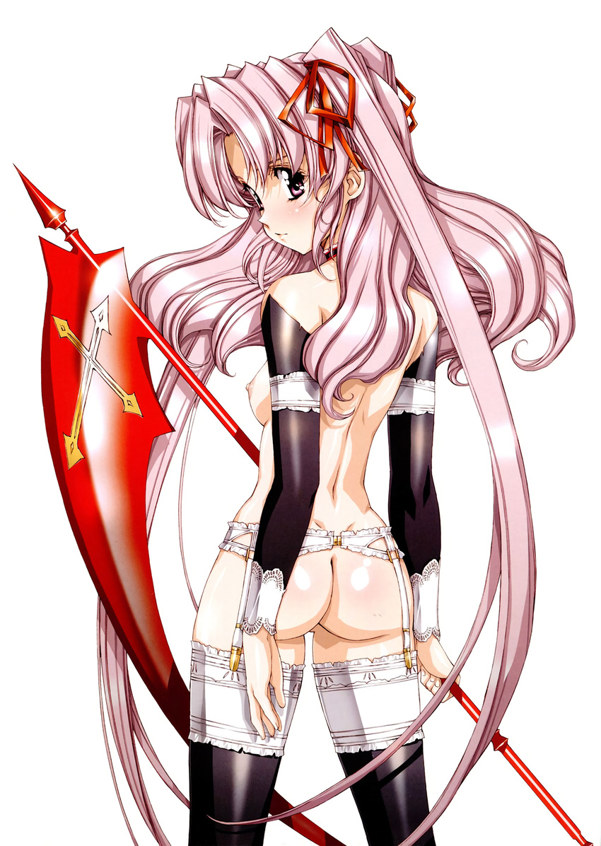 ass breasts cowboy_shot detached_sleeves garter_belt hair_ribbon highres holding holding_weapon long_hair looking_back nipples no_bra no_panties pink_eyes pink_hair ribbon scythe shiny shiny_skin simple_background small_breasts smile solo thighhighs urushihara_satoshi weapon white_background