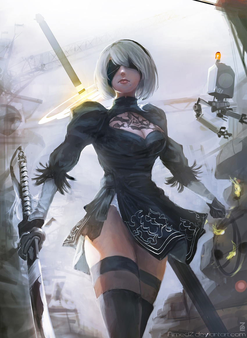 aimedz artist_name black_dress black_footwear black_gloves black_legwear blindfold boots breasts cleavage cleavage_cutout clenched_hand closed_mouth covered_eyes crane deviantart_username dress facing_viewer gloves grey_sky highres holding holding_sword holding_weapon juliet_sleeves leotard light_smile lips long_sleeves medium_breasts mole mole_under_mouth nier_(series) nier_automata puffy_sleeves revision short_hair solo sword thigh_boots thighhighs thighhighs_under_boots turtleneck vambraces watermark weapon web_address white_hair white_leotard yorha_no._2_type_b yorha_no._9_type_s