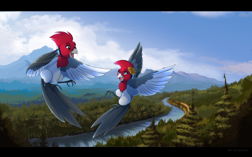 avian bird black_bars detailed_background duo feathered_wings feathers female feral flying grey_feathers hair kitchiki male red_hair river smile wings