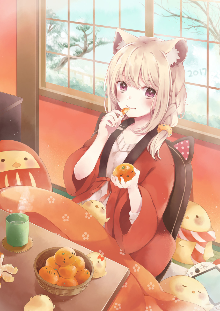 2017 absurdres animal_ears bangs bird blonde_hair blush braid breasts chick creature cup daruma_doll eating eyebrows_visible_through_hair food fruit highres holding holding_food holding_fruit kotatsu looking_at_viewer millcutto open_clothes open_robe orange orange_slice original purple_eyes robe sitting sleeping small_breasts smile snow table tree wide_sleeves window zaisu