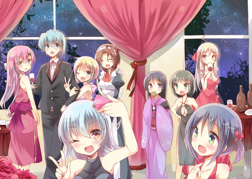 2boys 6+girls ahoge ayasaki_hayate blonde_hair blue_eyes blue_hair blush breasts brown_hair dress drill_hair folded_ponytail glasses green_eyes hayate_no_gotoku! katsura_hinagiku kimono kuriyuzu_kuryuu long_hair looking_back maid_apron maid_headdress maria_(hayate_no_gotoku!) multiple_boys multiple_girls nishizawa_ayumu one_eye_closed phone pink_hair purple_eyes red_eyes sanzen'in_nagi short_hair smile starry_sky suirenji_ruka tennousu_athena twintails window wine yellow_eyes