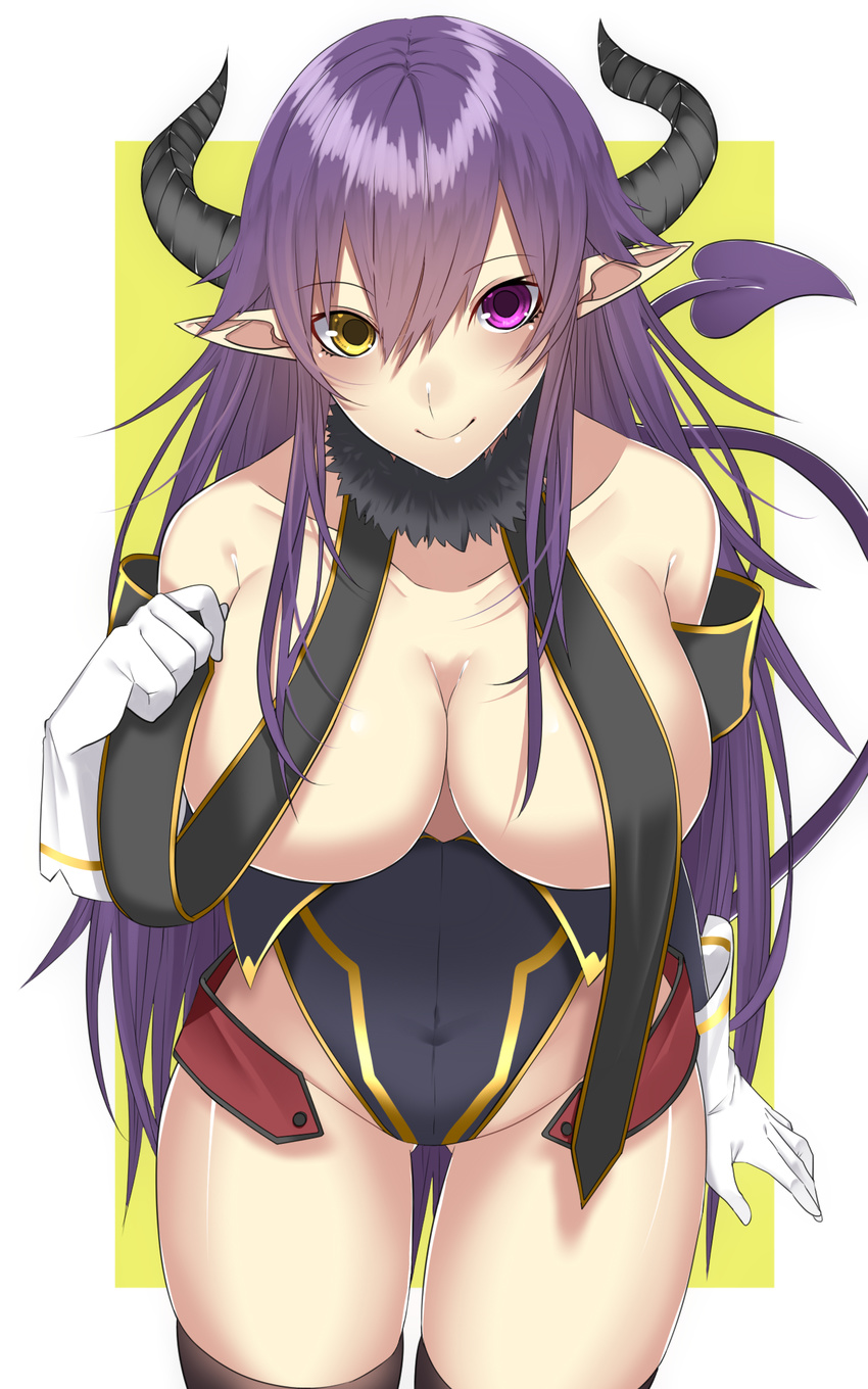 arm_at_side ass_visible_through_thighs bangs bare_shoulders black_legwear black_leotard breasts cleavage collarbone commentary covered_navel cowboy_shot demon_girl demon_horns demon_tail eyebrows_visible_through_hair fur_collar gloves hair_between_eyes heterochromia highleg highleg_leotard highres holding horns large_breasts legs_apart leotard long_hair looking_at_viewer onineko-chan original pointy_ears purple_eyes purple_hair revealing_clothes skindentation smile solo standing tail thighhighs very_long_hair white_gloves yellow_eyes