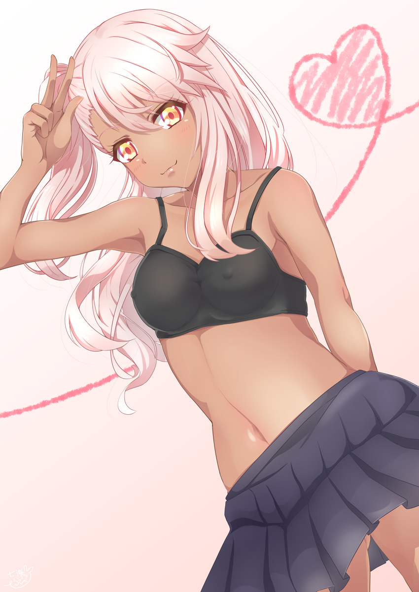 absurdres armpits arms_behind_back ass_visible_through_thighs bangs bare_arms bare_shoulders black_bra black_skirt blush bra bra_strap breasts chloe_von_einzbern closed_mouth collarbone covered_nipples cowboy_shot dark_skin eyelashes fate/kaleid_liner_prisma_illya fate_(series) gradient gradient_background gradient_eyes hair_between_eyes hand_to_head hand_up heart heart_of_string highres legs_apart lips long_hair looking_at_viewer midriff miniskirt multicolored multicolored_eyes nanamira_bi navel one_side_up orange_eyes pink_hair pleated_skirt side_ponytail skirt small_breasts smile solo spaghetti_strap stomach underwear v w yellow_eyes