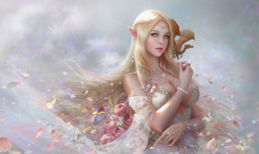 bare_shoulders blonde_hair blush bracelet braid breasts bug butterfly chain cleavage cloud collarbone dragon dress ear_piercing elf fantasy flower gem grey_eyes highres insect jewelry large_breasts long_hair original outdoors parted_lips petals piercing pointy_ears ring rose rose_petals ruoxin_zhang upper_body wavy_hair white_dress wings