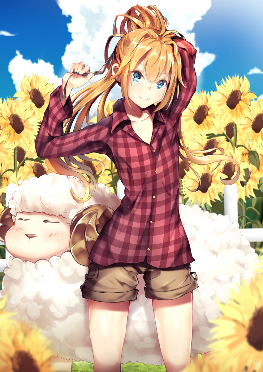 adjusting_hair arm_up bangs black_ribbon blonde_hair blue_eyes blue_sky blush brown_shorts buttons closed_mouth cloud cloudy_sky collarbone collared_shirt commentary_request cowboy_shot day eyebrows_visible_through_hair fence field flower flower_field fur grass hair_between_eyes hair_ornament hand_up highres holding holding_ribbon horns legs_apart long_hair long_sleeves looking_at_viewer nakatokung original outdoors plaid plaid_shirt ponytail red_shirt ribbon saliva saliva_trail sheep sheep_horns shirt shorts sidelocks sky sleeping smile solo standing sunflower tying_hair yellow_flower