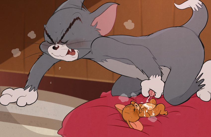 2017 anthro atori blush cum cum_on_body cumshot ejaculation interspecies jerry_(tom_&amp;_jerry) male male/male mammal masturbation mouse orgasm penile_masturbation rodent size_difference tom_(tom_&amp;_jerry) tom_and_jerry