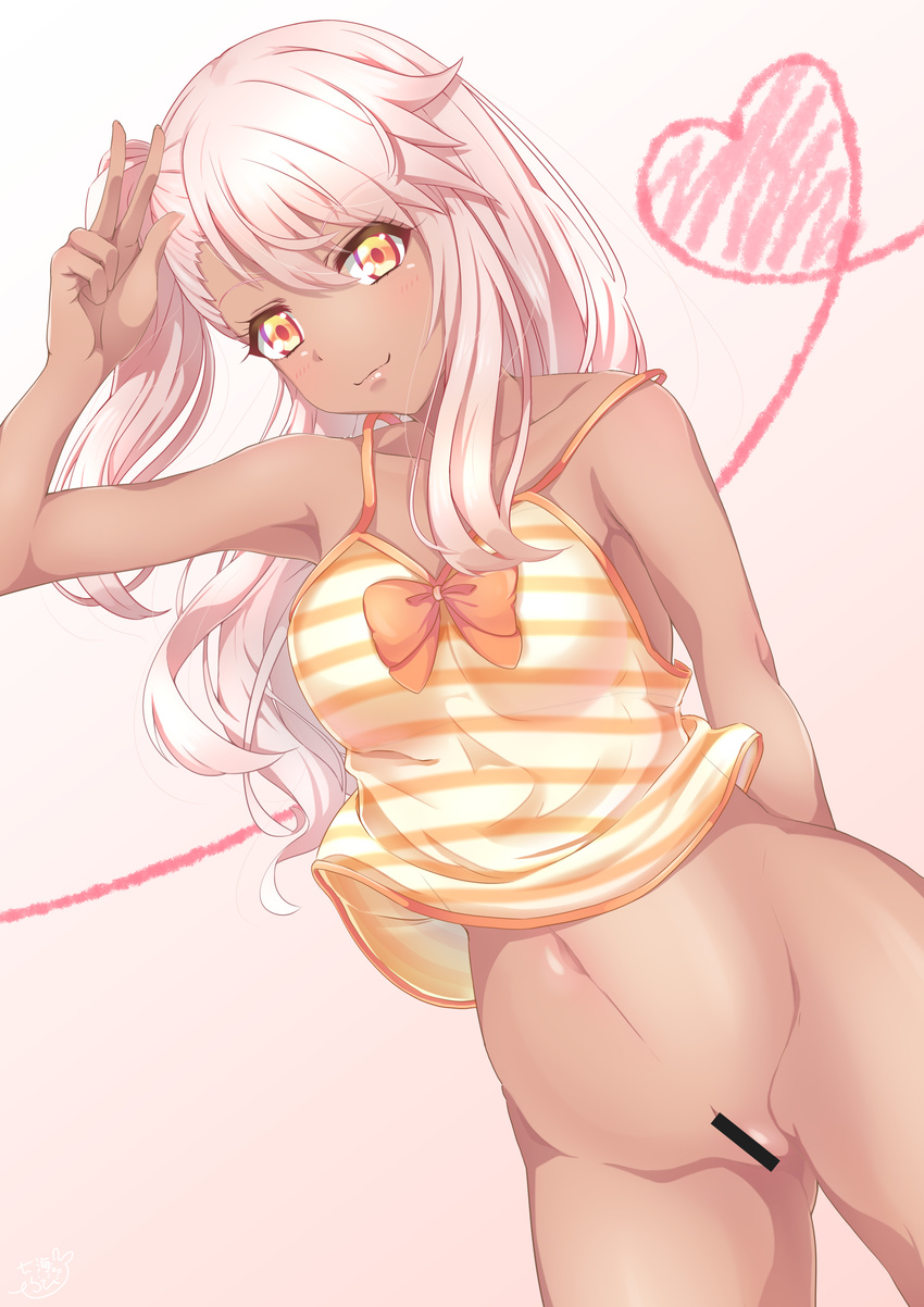absurdres armpits arms_behind_back ass_visible_through_thighs bangs bar_censor bare_arms bare_shoulders blush bottomless bow bowtie breasts camisole censored chloe_von_einzbern closed_mouth collarbone cowboy_shot dark_skin eyebrows_visible_through_hair eyelashes fate/kaleid_liner_prisma_illya fate_(series) gradient gradient_background gradient_eyes hair_between_eyes hand_to_head hand_up heart heart_of_string highres legs_apart lips long_hair looking_at_viewer multicolored multicolored_eyes nanamira_bi navel no_panties one_side_up orange_bow orange_eyes orange_neckwear pink_hair side_ponytail small_breasts smile solo spaghetti_strap stomach striped striped_camisole underwear v w yellow_eyes