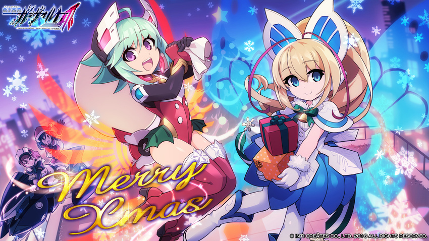 alternate_costume azure_striker_gunvolt azure_striker_gunvolt_2 blonde_hair blue_eyes boots braid christmas dress gift green_hair hatakeyama_yoshitaka highres leotard logo looking_at_viewer lumen_(gunvolt) merry_christmas multiple_girls nowa_(gunvolt) official_art ouka_(gunvolt) ponytail purple_eyes roro_(gunvolt) santa_costume short_hair smile snowflakes twin_braids wallpaper watermark waving wings