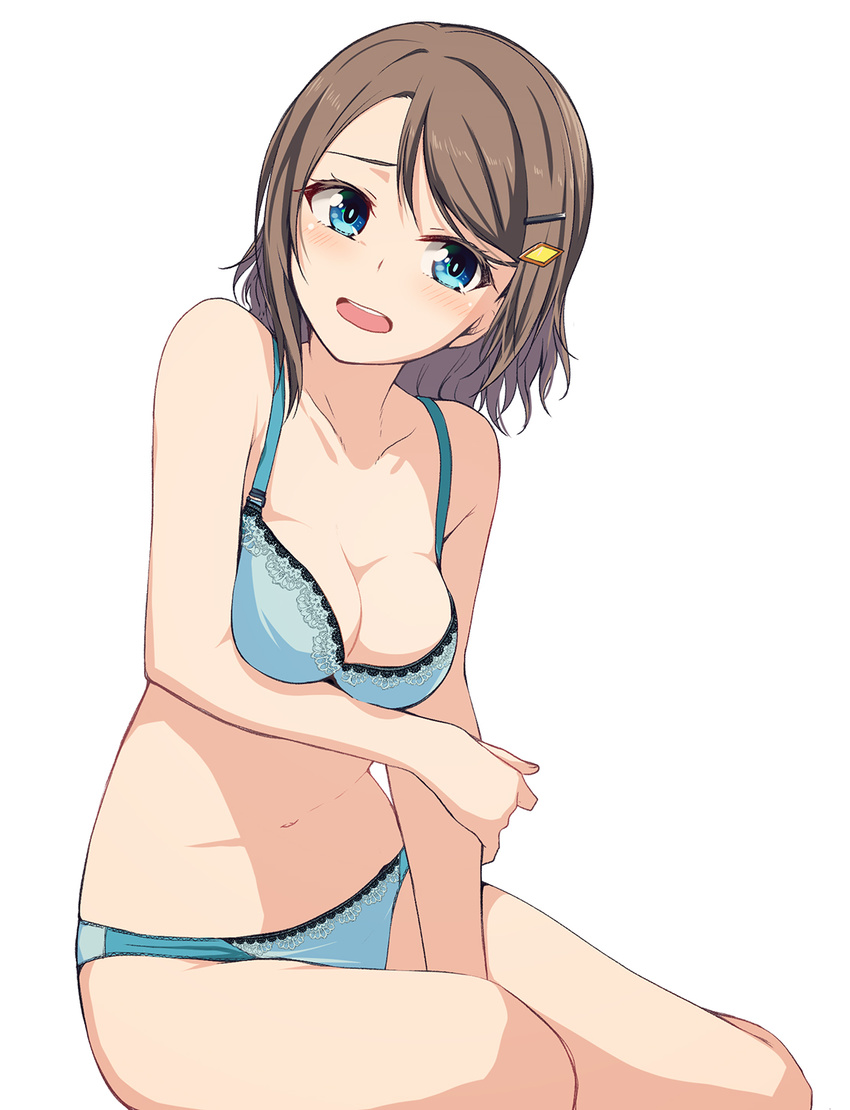 bangs blue_bra blue_eyes blue_panties blush bra breast_hold breasts brown_hair cleavage hair_ornament hairclip highres love_live! love_live!_sunshine!! medium_breasts nanotsuki navel open_mouth panties short_hair simple_background sitting solo swept_bangs underwear underwear_only watanabe_you white_background yokozuwari