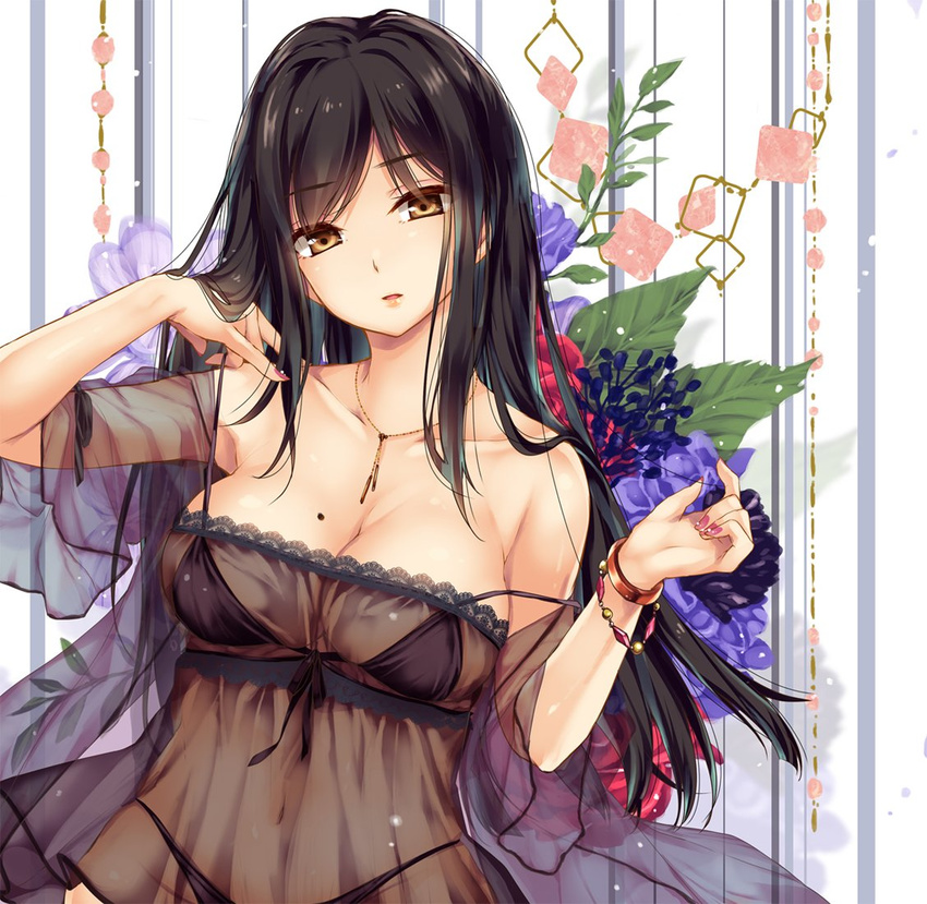 bangle bangs bare_shoulders black_bra black_hair black_panties bra bracelet breasts brown_eyes cleavage collarbone commentary_request eyebrows_visible_through_hair floral_background flower front-tie_top head_tilt jewelry lace large_breasts long_hair looking_at_viewer mole mole_on_breast moneti_(daifuku) nail_polish navel necklace original panties parted_lips pink_nails see-through shiny shiny_hair short_sleeves solo strap_pull strap_slip underwear upper_body wide_sleeves