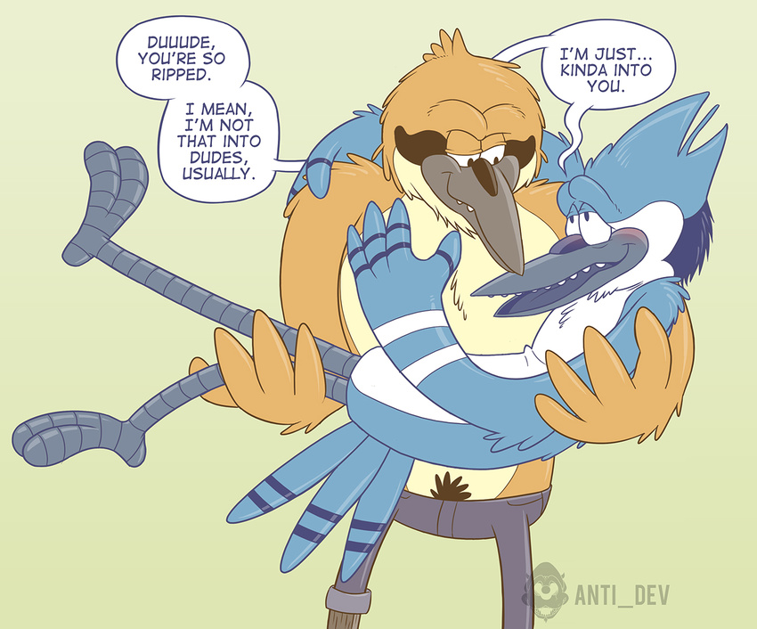 anthro anti_dev avian bird black_tongue blue_body blue_eyes blue_jay blush bottomless brown_body brown_eyes cartoon_network chest_tuft clothed clothing corvid dialogue digital_media_(artwork) duo english_text feathers fur green_background grin john_(regular_show) legs_up male male/male mordecai_(regular_show) open_mouth oriole pants prosthetic_leg pubes regular_show simple_background smile standing teeth text tongue topless tuft white_body