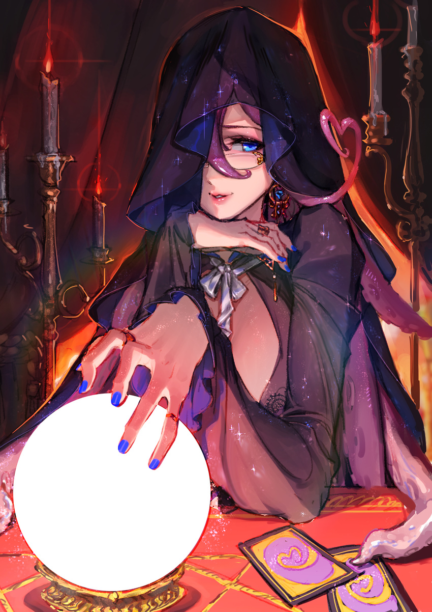absurdres ahoge blue_eyes breasts candle card cloak commentary_request glasses globe hair_between_eyes han-0v0 heart_ahoge highres hood hood_up hooded_cloak indoors large_breasts lips long_hair long_sleeves looking_at_viewer nail_polish noah_fantasy parted_lips purple_hair purple_nails smile solo