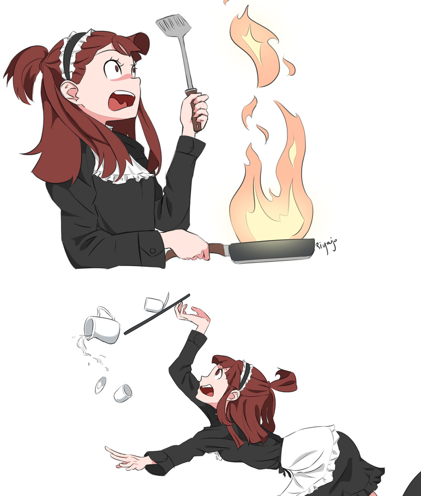 alternate_costume artist_name brown_eyes brown_hair burning commentary creamer_(vessel) dojikko dropping enmaided fire frying_pan highres kagari_atsuko little_witch_academia maid ponytail ryojojo signature solo spatula spilling surprised tea_set tripping