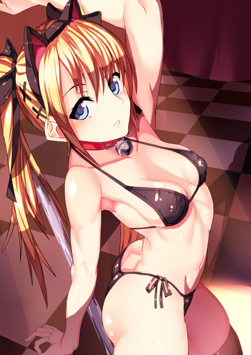 animal_ears arched_back bikini black_bikini blonde_hair blue_eyes breasts cat_ears checkered checkered_floor dead_or_alive dead_or_alive_5 highres long_hair looking_at_viewer marie_rose nishisan_(mikurosu) pole_dancing sitting small_breasts solo swimsuit twintails